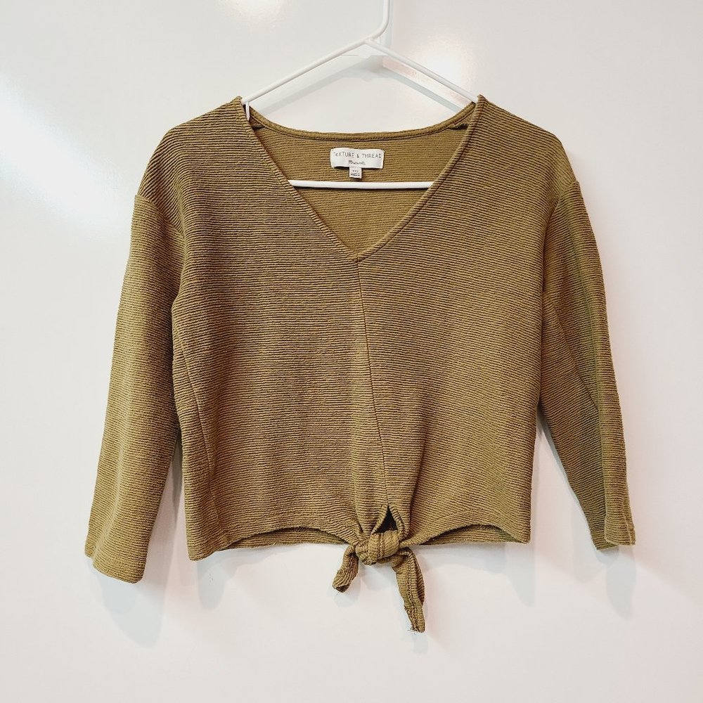 Madewell Shirt Texture Thread Olive Green Crop Top Tie Front Womens XXS - Picture 2 of 8